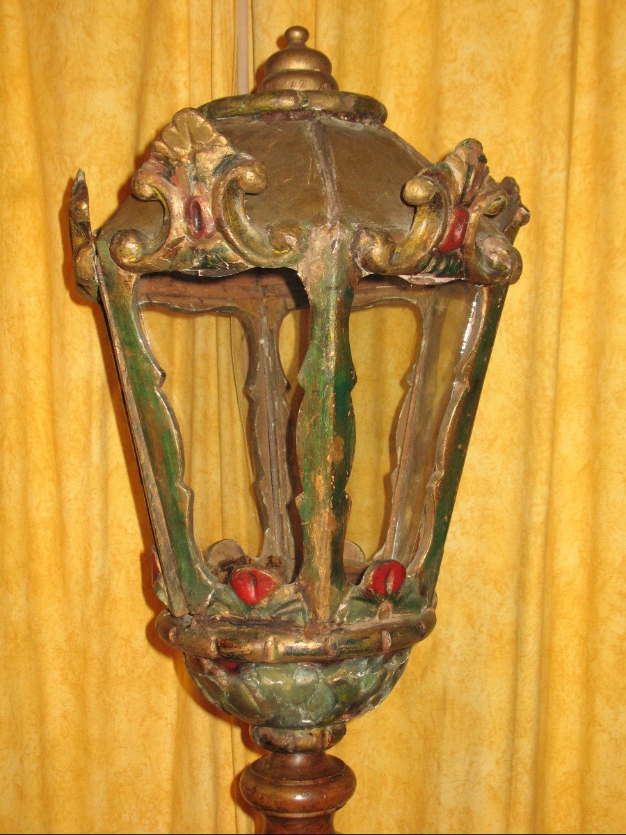 Polychrome Wooden Lantern With Its 19th Century Base-photo-6