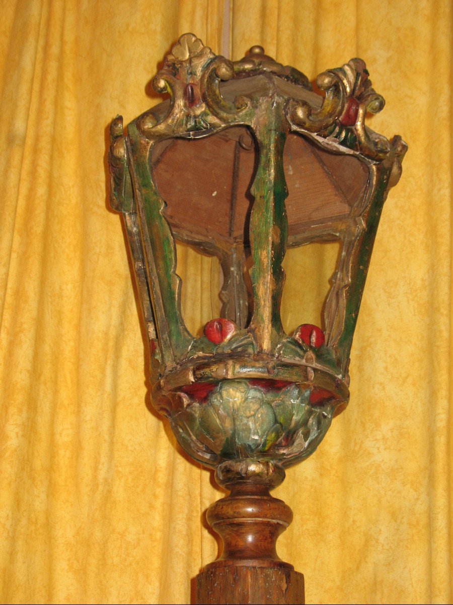 Polychrome Wooden Lantern With Its 19th Century Base-photo-7