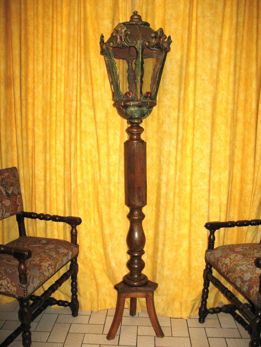 Polychrome Wooden Lantern With Its 19th Century Base