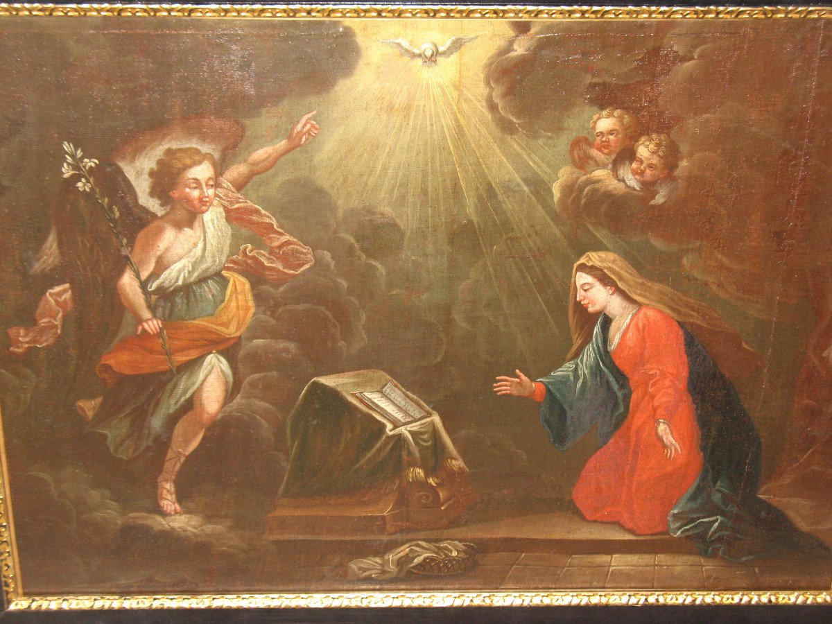L'annonciation huile sur toile école italienne grand tableau religieux époque 17ème-photo-2