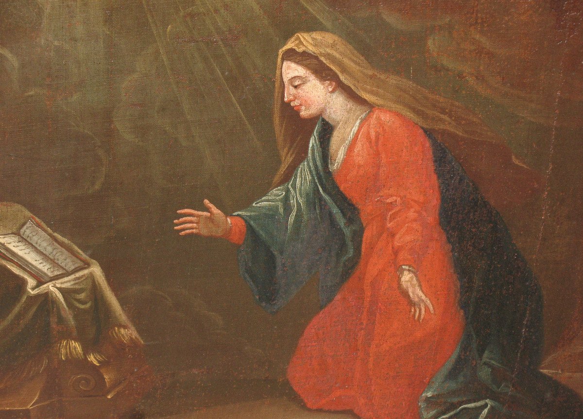 L'annonciation huile sur toile école italienne grand tableau religieux époque 17ème-photo-3