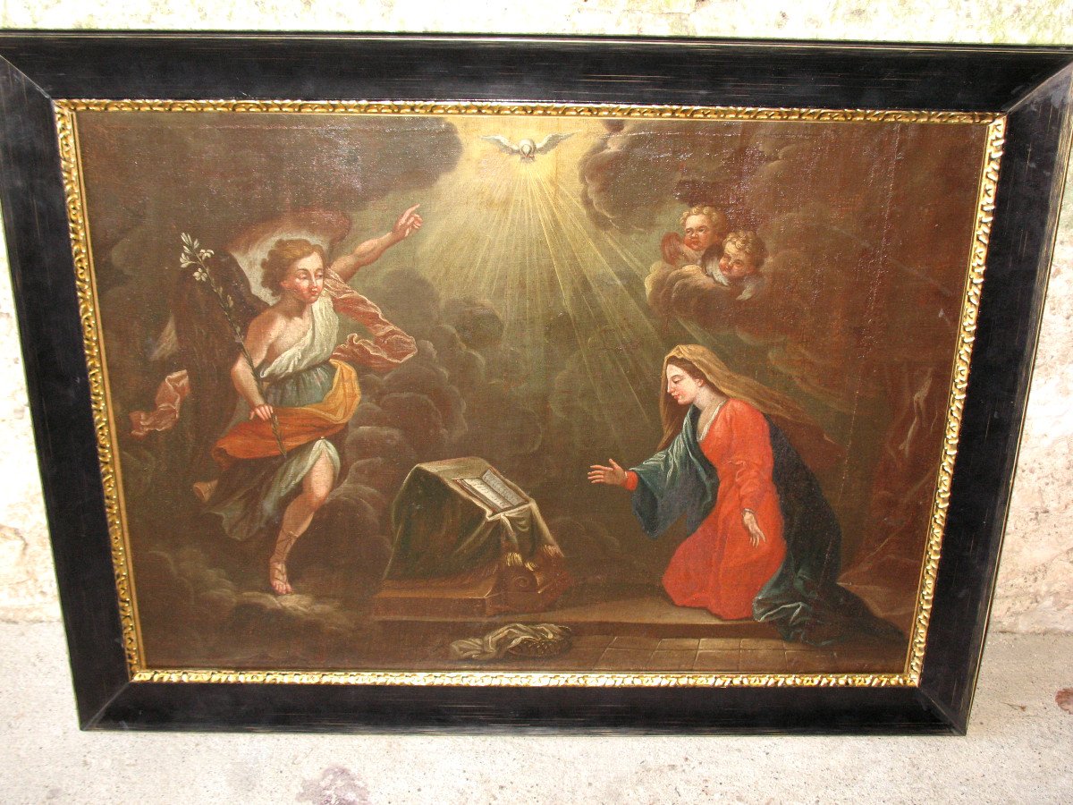 L'annonciation huile sur toile école italienne grand tableau religieux époque 17ème-photo-1
