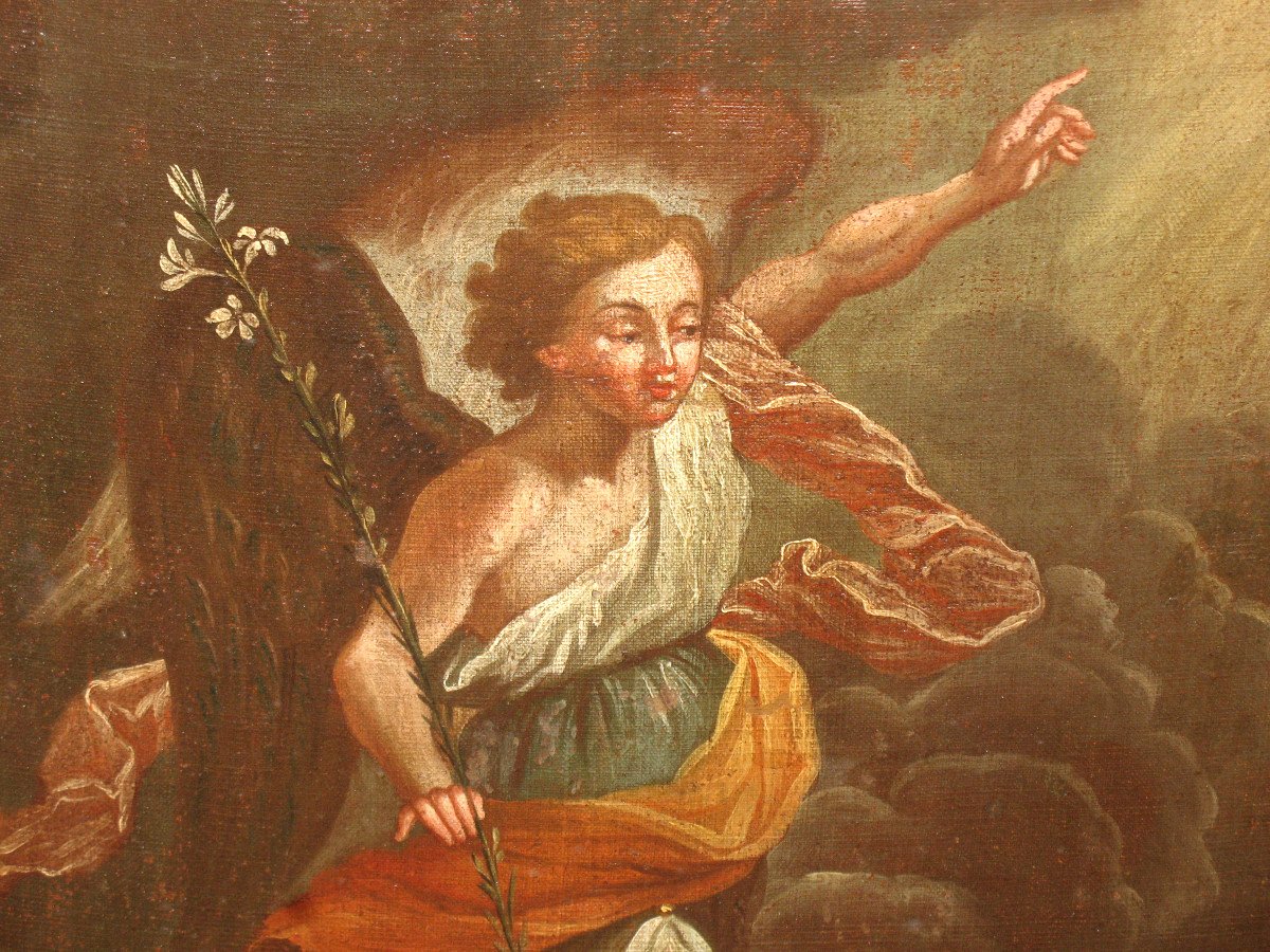 L'annonciation huile sur toile école italienne grand tableau religieux époque 17ème-photo-2