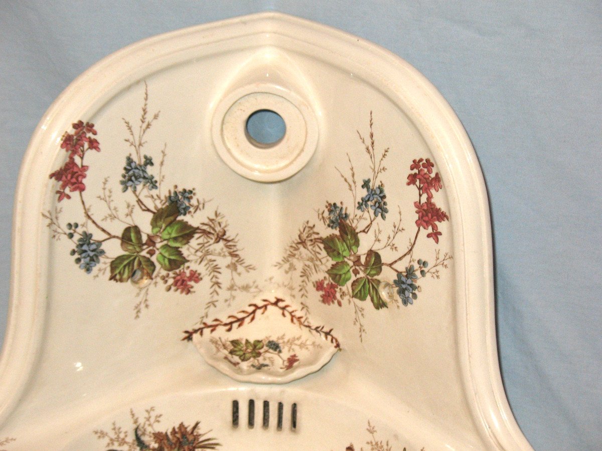 Lavabo lave mains d'angle en faïence de Sarreguemines à décor floral Carmen époque fin 19ème-photo-3
