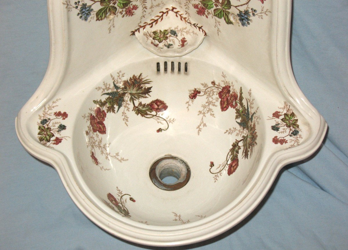 Lavabo lave mains d'angle en faïence de Sarreguemines à décor floral Carmen époque fin 19ème-photo-4