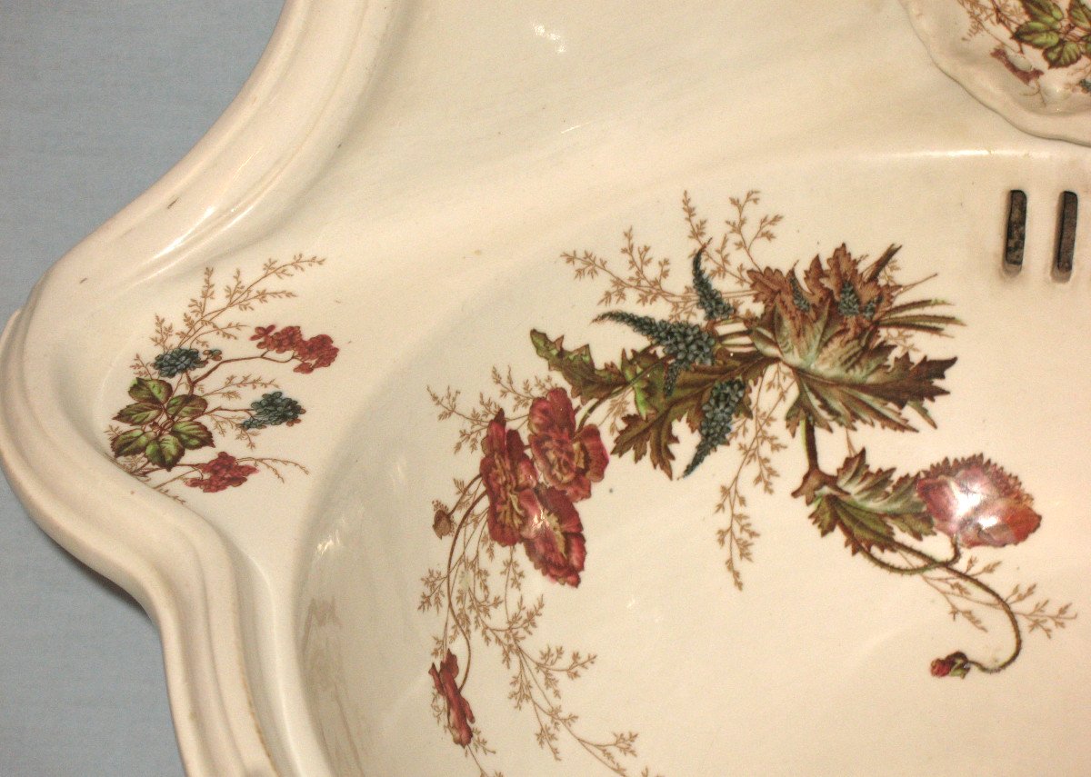 Lavabo lave mains d'angle en faïence de Sarreguemines à décor floral Carmen époque fin 19ème-photo-3