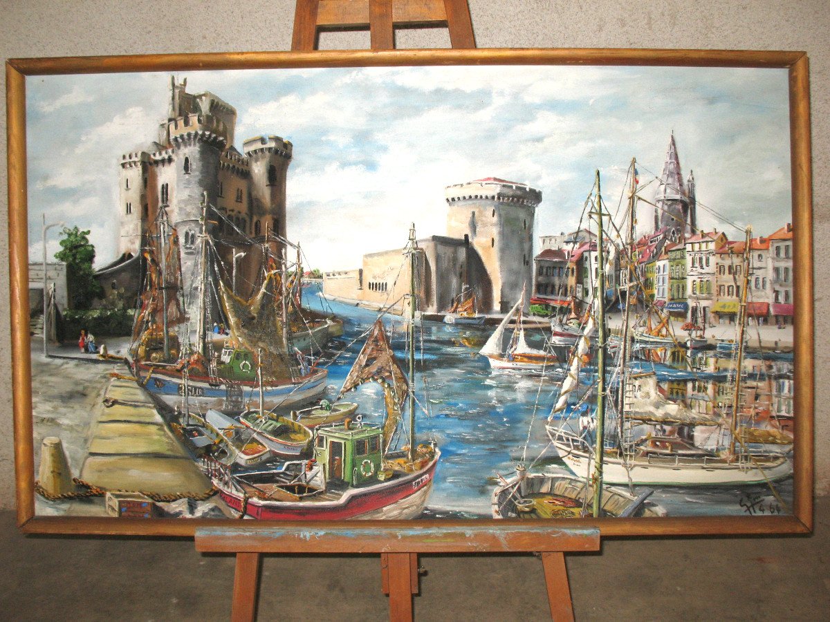 Port Of La Rochelle Signed Gj Miane Oil On Panel 20th Century-photo-6