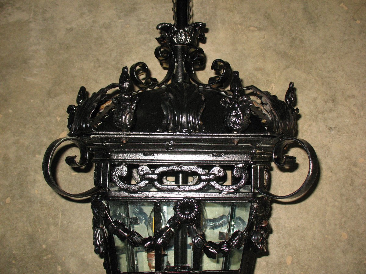 Pair Of Large Wrought Iron Lanterns Complete With Their L.xvi Style Posterns, 20th Century-photo-2