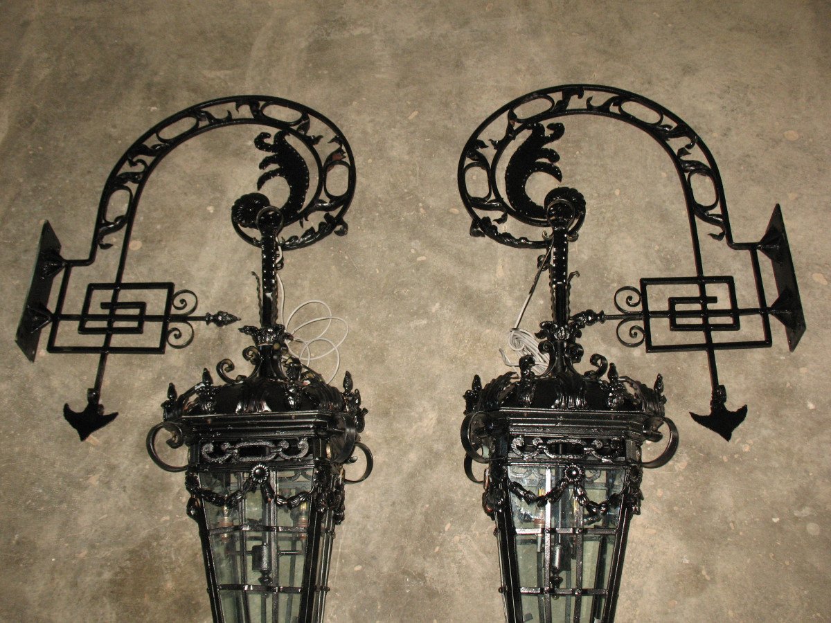 Pair Of Large Wrought Iron Lanterns Complete With Their L.xvi Style Posterns, 20th Century-photo-6