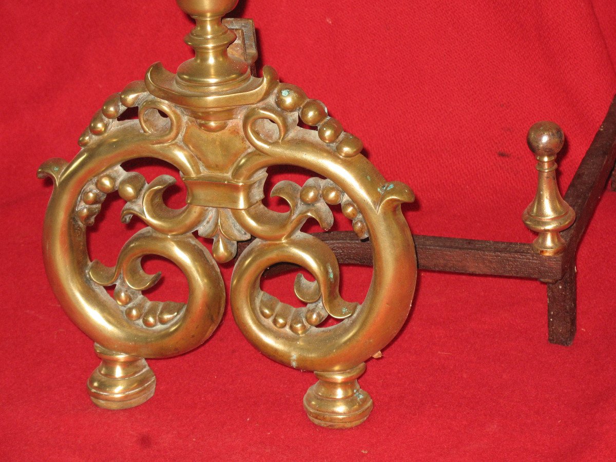 Pair Of Complete Bronze And Wrought Iron Andirons, 19th Century Renaissance Style-photo-3