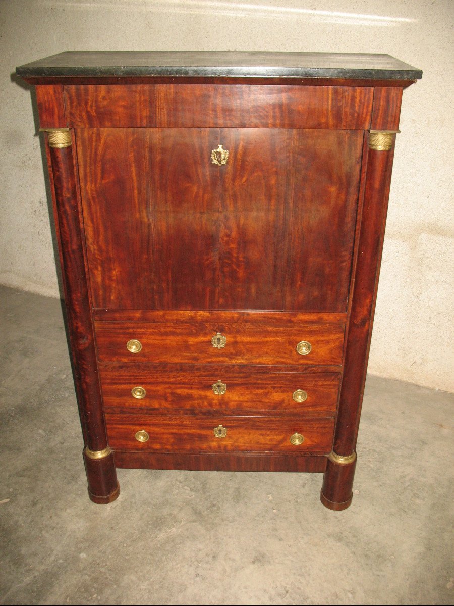 Empire Period Mahogany Secretary With Cloverleaf Locks And Bronzes-photo-4