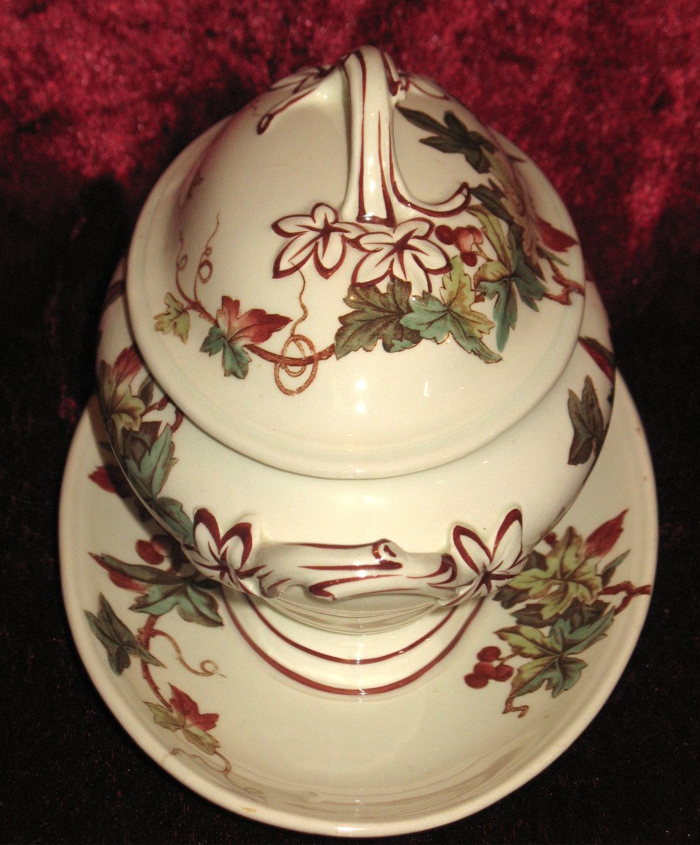 Lunéville Earthenware Dinner Service With Ivy Decor, Art Nouveau Period, Late 19th Century, 56 Pieces-photo-3