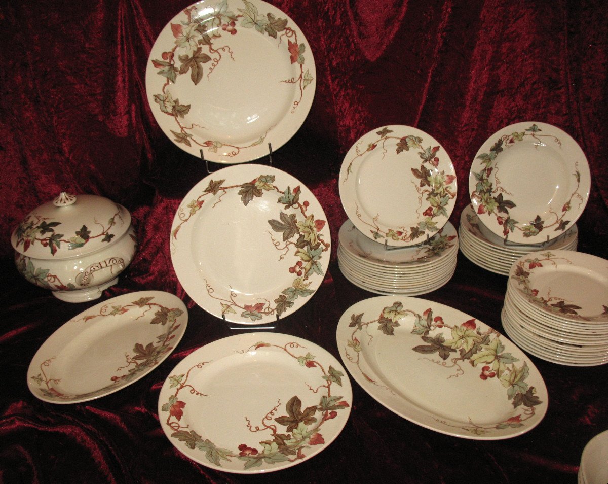 Lunéville Earthenware Dinner Service With Ivy Decor, Art Nouveau Period, Late 19th Century, 56 Pieces-photo-5