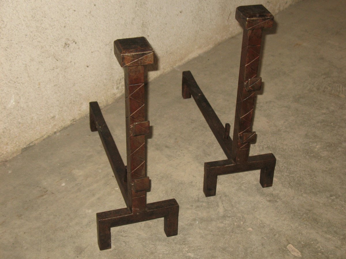 Paire de landiers chenets en fer forgé époque Art Déco-photo-7