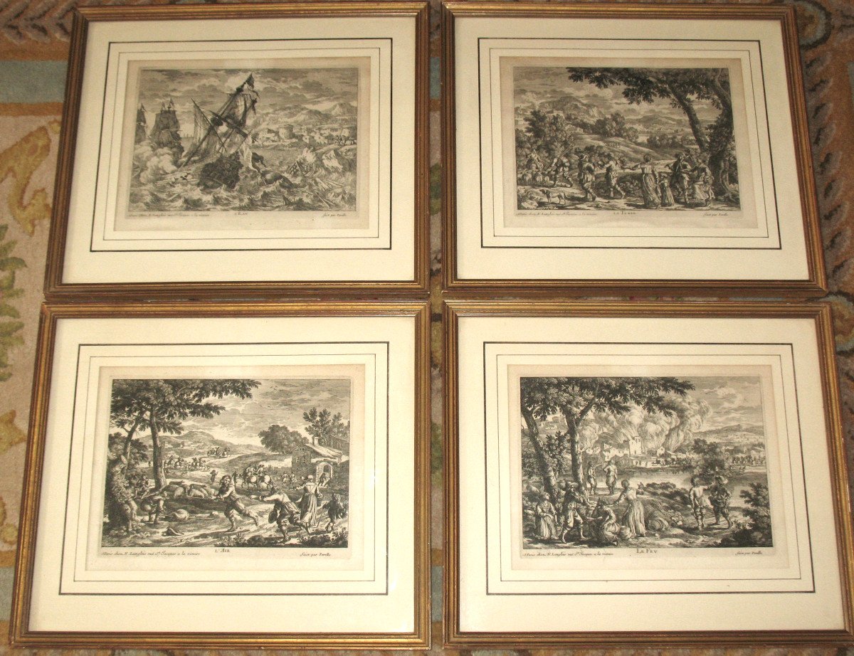 L'eau La terre L'air Le feu gravures de Gabriel Perelle (1604-1677) encadrées époque 19ème