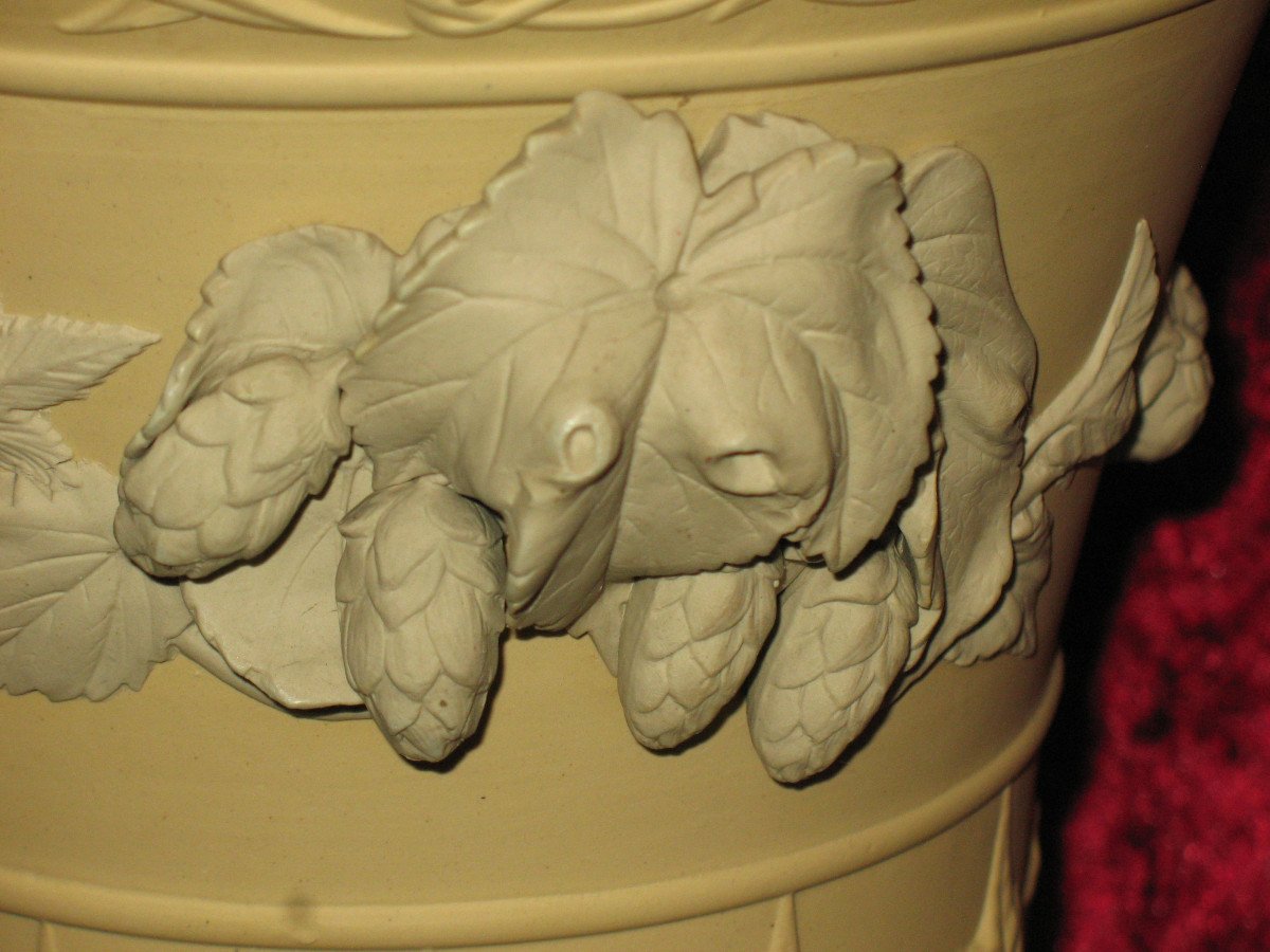 Cache pot en grès fin de Sarreguemines à décor de fleurs de houblon époque 19ème -photo-4