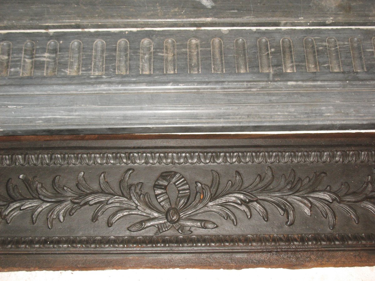 Louis XVI Period Fireplace In Turquin Blue Marble Complete With Its 18th Century Cast Iron Hearth-photo-2