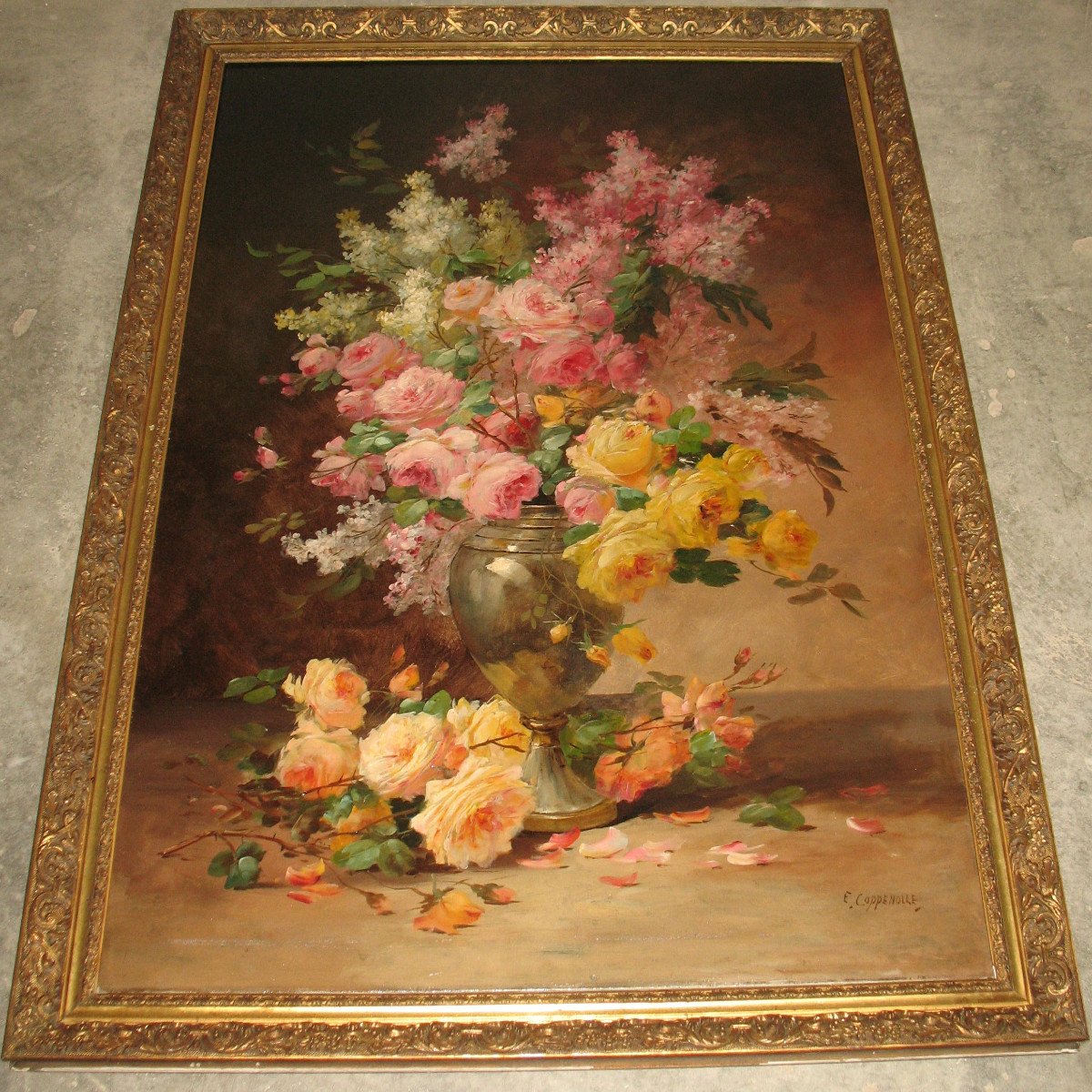 Edmond Van Coppenolle Large Bouquet Of Flowers Still Life Oil On Canvas Framed Late 19th-photo-3