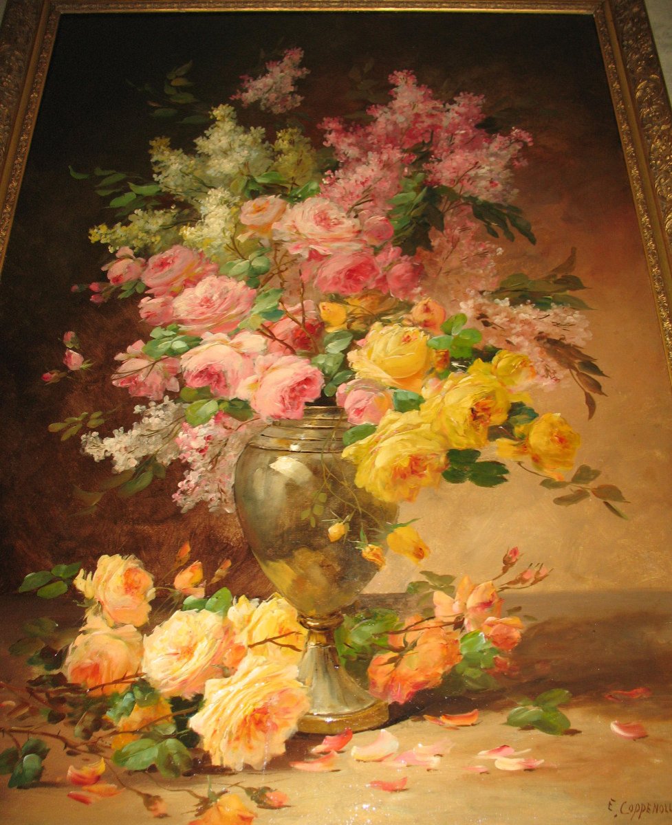 Edmond Van Coppenolle Large Bouquet Of Flowers Still Life Oil On Canvas Framed Late 19th-photo-2