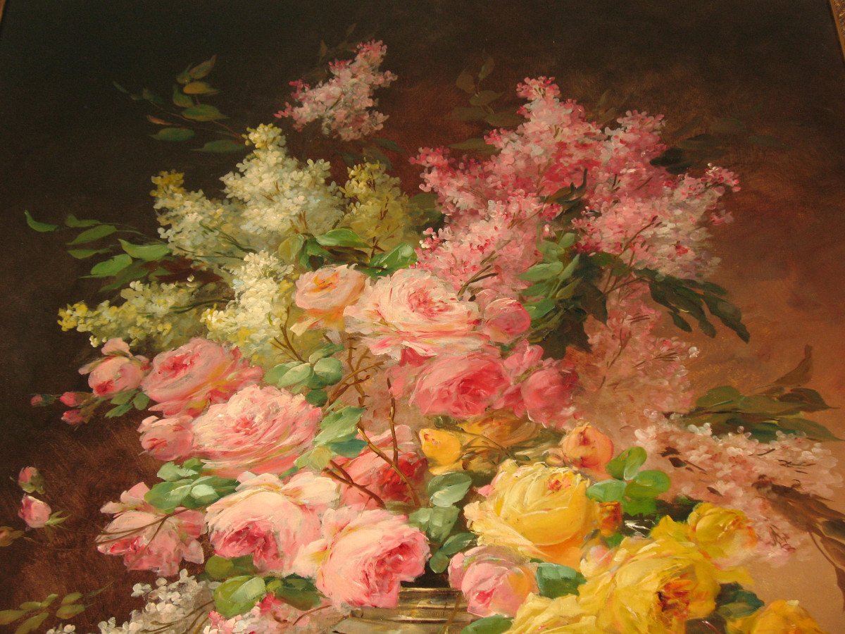 Edmond Van Coppenolle Large Bouquet Of Flowers Still Life Oil On Canvas Framed Late 19th-photo-3