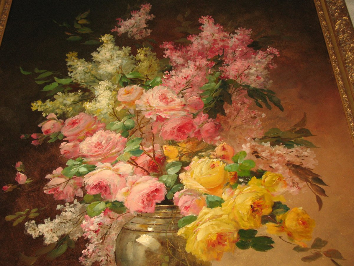 Edmond Van Coppenolle Large Bouquet Of Flowers Still Life Oil On Canvas Framed Late 19th-photo-6