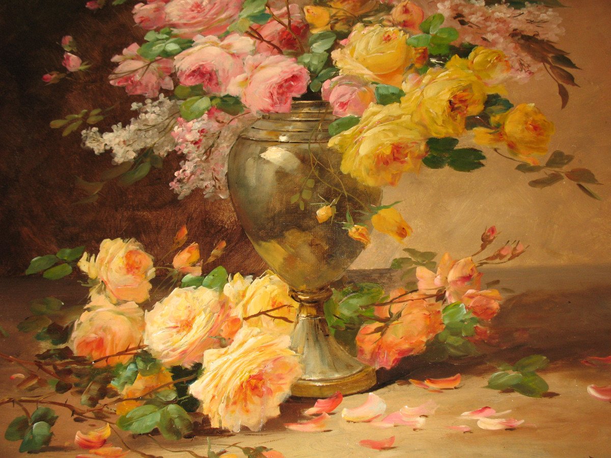 Edmond Van Coppenolle Large Bouquet Of Flowers Still Life Oil On Canvas Framed Late 19th-photo-7