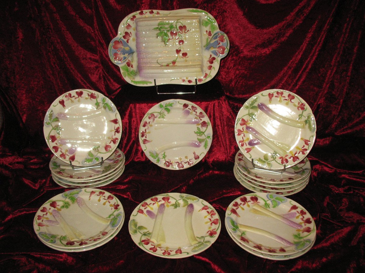 17-piece Asparagus Set In Saint Clément Barbotine With Floral Decoration, Art Nouveau Period-photo-2