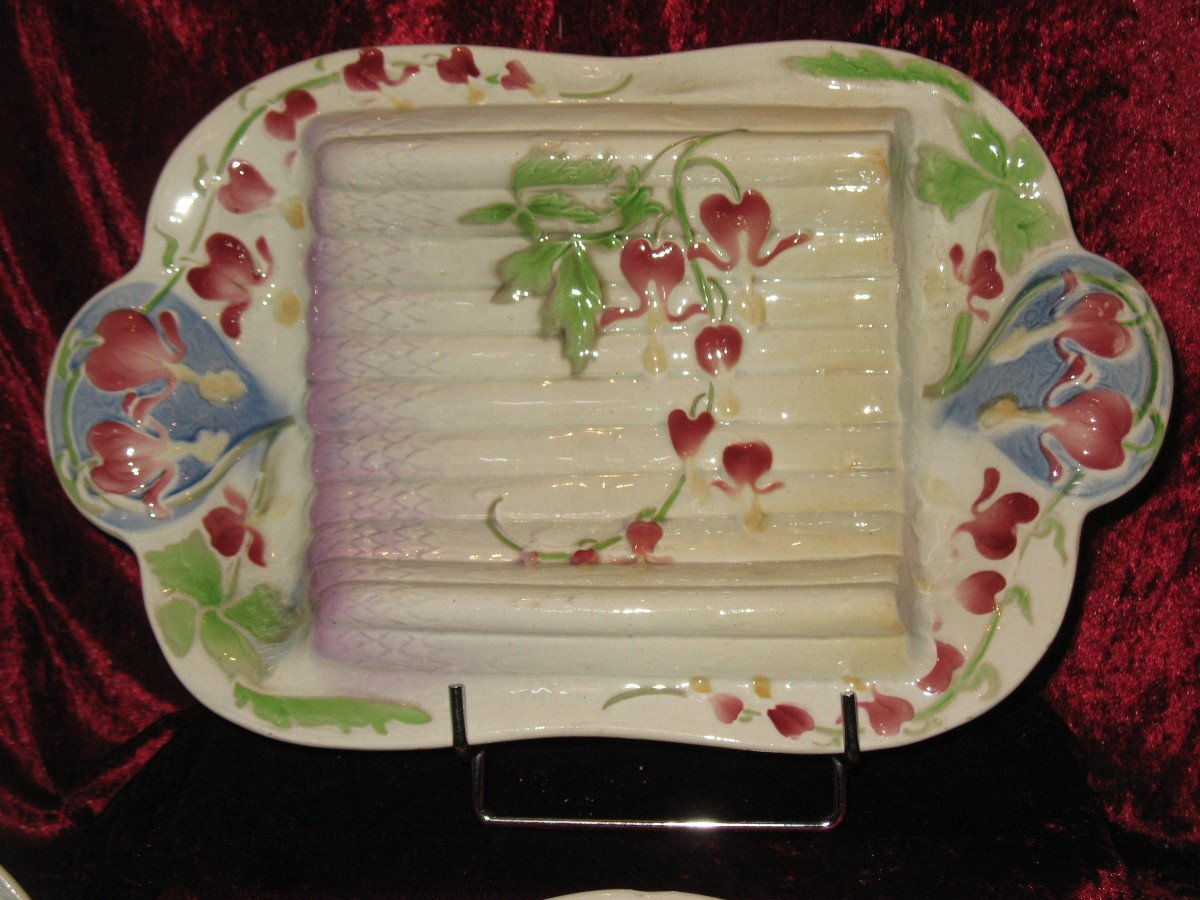 17-piece Asparagus Set In Saint Clément Barbotine With Floral Decoration, Art Nouveau Period-photo-3