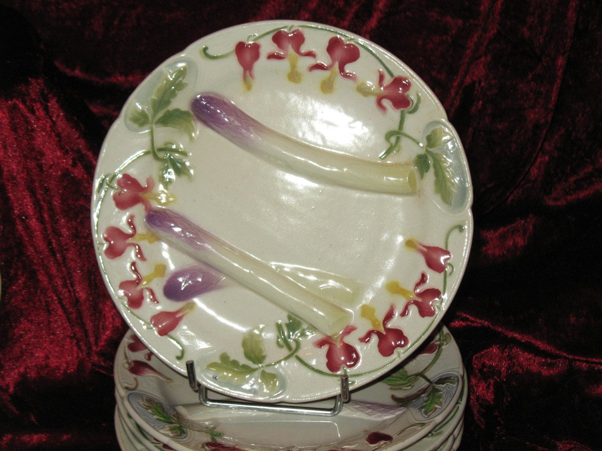 17-piece Asparagus Set In Saint Clément Barbotine With Floral Decoration, Art Nouveau Period-photo-2