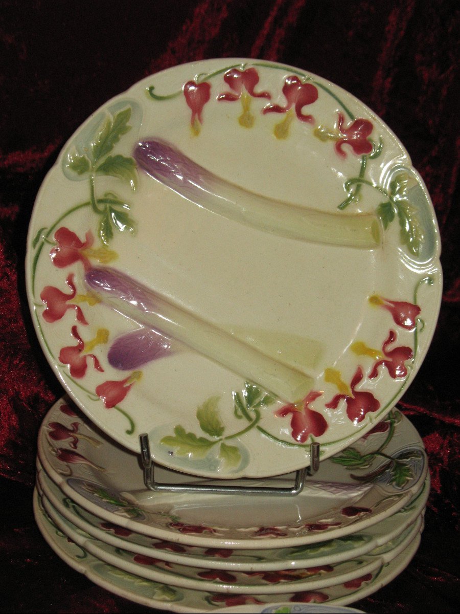 17-piece Asparagus Set In Saint Clément Barbotine With Floral Decoration, Art Nouveau Period-photo-3