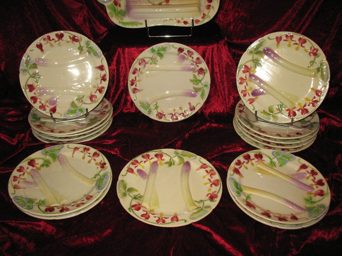 17-piece Asparagus Set In Saint Clément Barbotine With Floral Decoration, Art Nouveau Period-photo-4