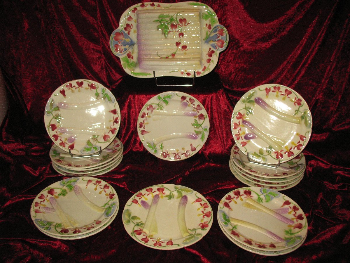 17-piece Asparagus Set In Saint Clément Barbotine With Floral Decoration, Art Nouveau Period-photo-5