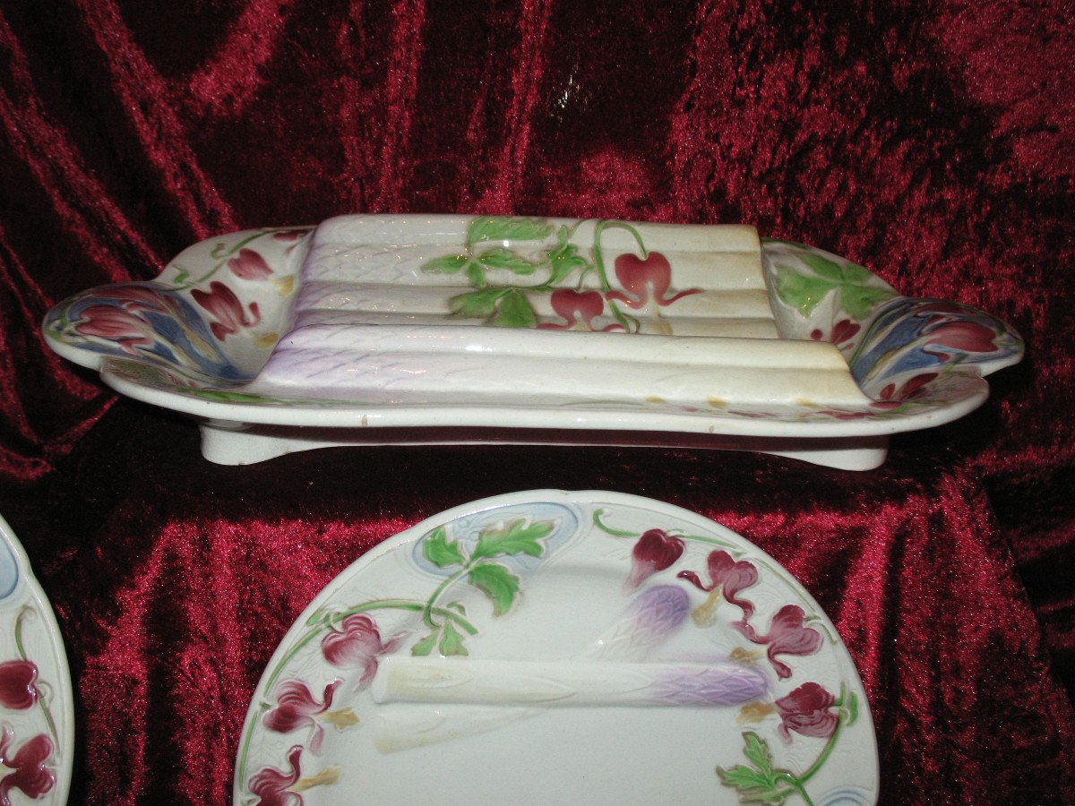 17-piece Asparagus Set In Saint Clément Barbotine With Floral Decoration, Art Nouveau Period-photo-6