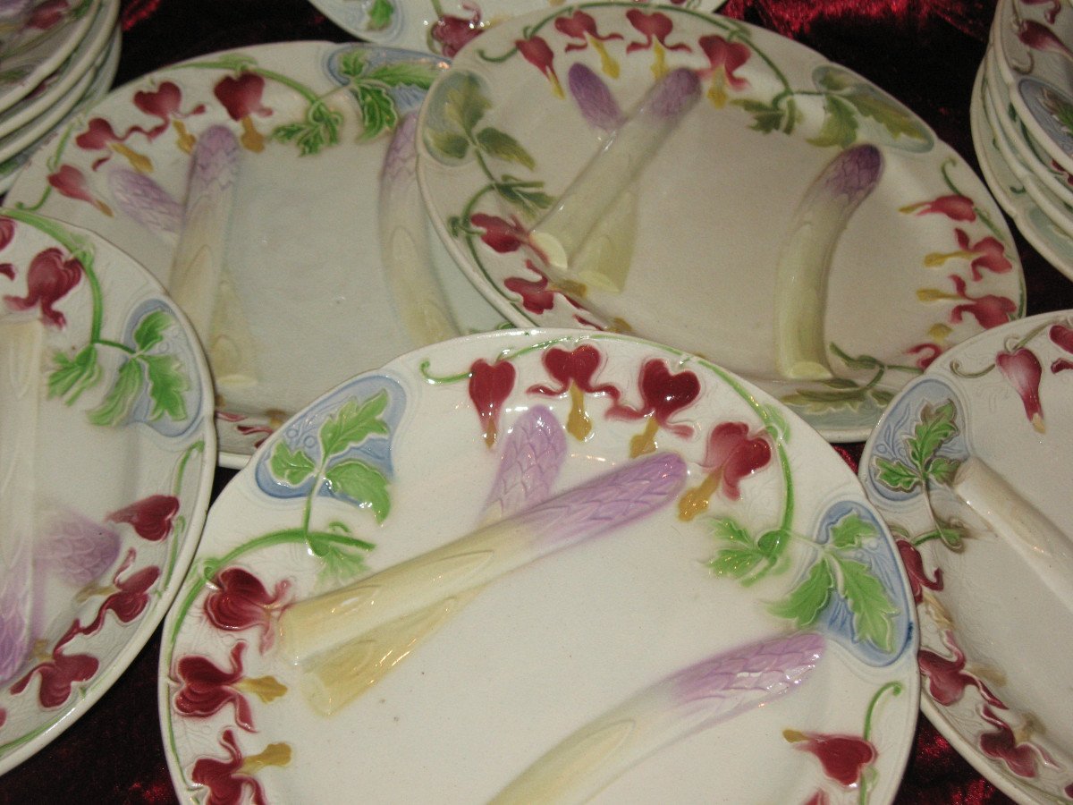 17-piece Asparagus Set In Saint Clément Barbotine With Floral Decoration, Art Nouveau Period-photo-7