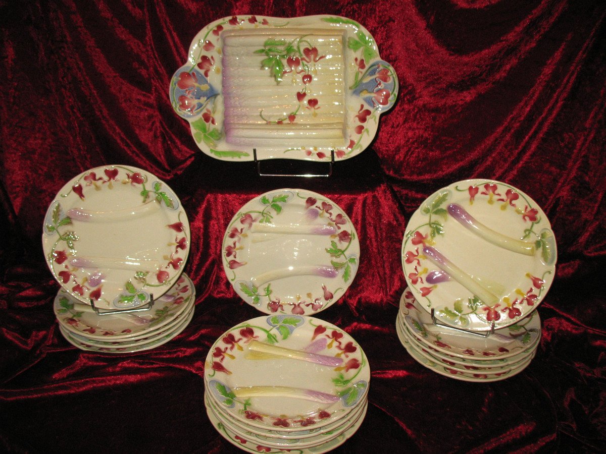 17-piece Asparagus Set In Saint Clément Barbotine With Floral Decoration, Art Nouveau Period