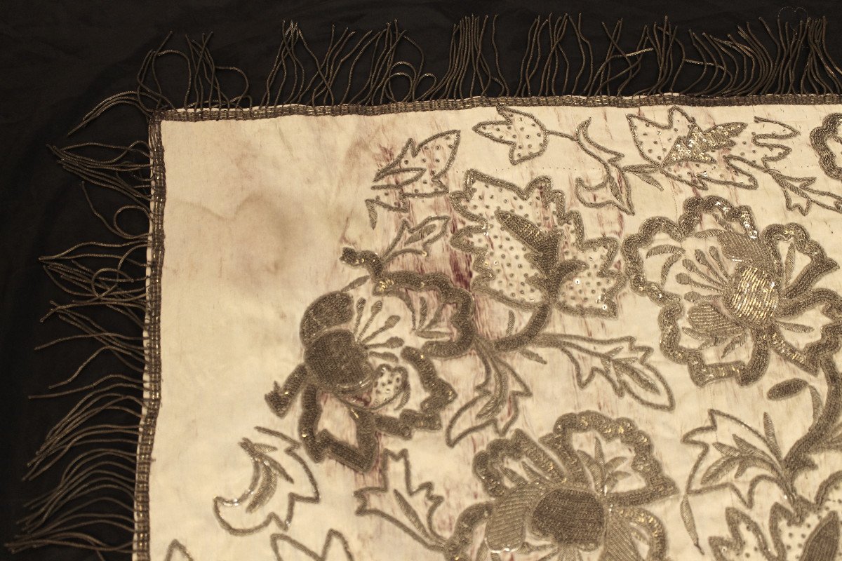 Broderie ottomane en fils argent et or à décor floral époque milieu 19ème-photo-5