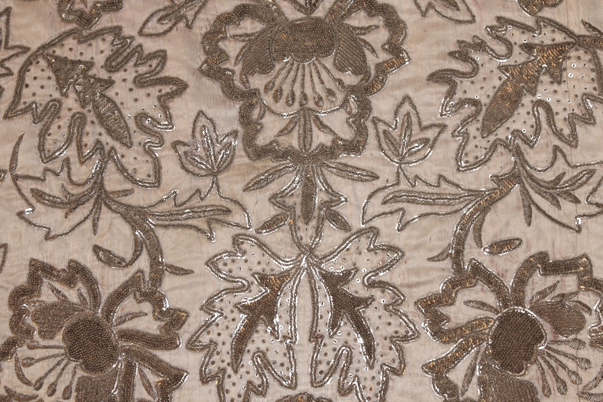 Broderie ottomane en fils argent et or à décor floral époque milieu 19ème-photo-8