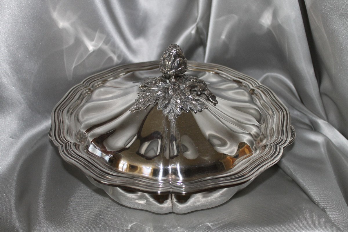 Légumier couvert en métal argenté à décor de filets et d'artichaut style Louis XV époque 20ème-photo-2