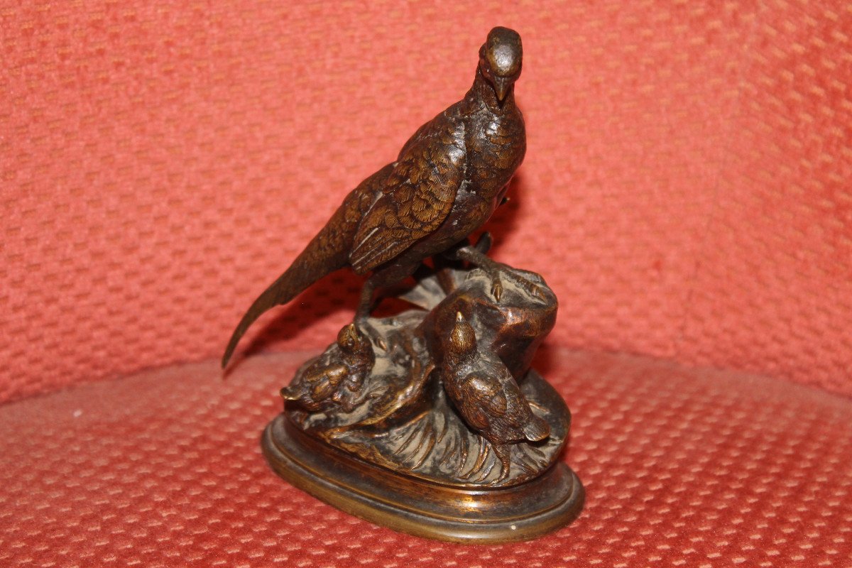 Jules Moigniez Bronze Sculpture: Pheasant Hen And Her Chicks Signed On The Terrace, 19th Century-photo-4