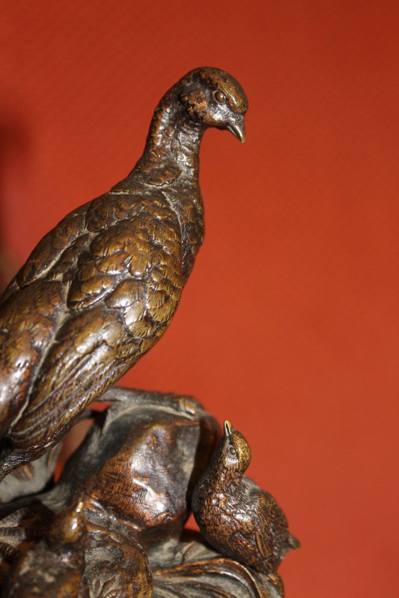Jules Moigniez Bronze Sculpture: Pheasant Hen And Her Chicks Signed On The Terrace, 19th Century-photo-6