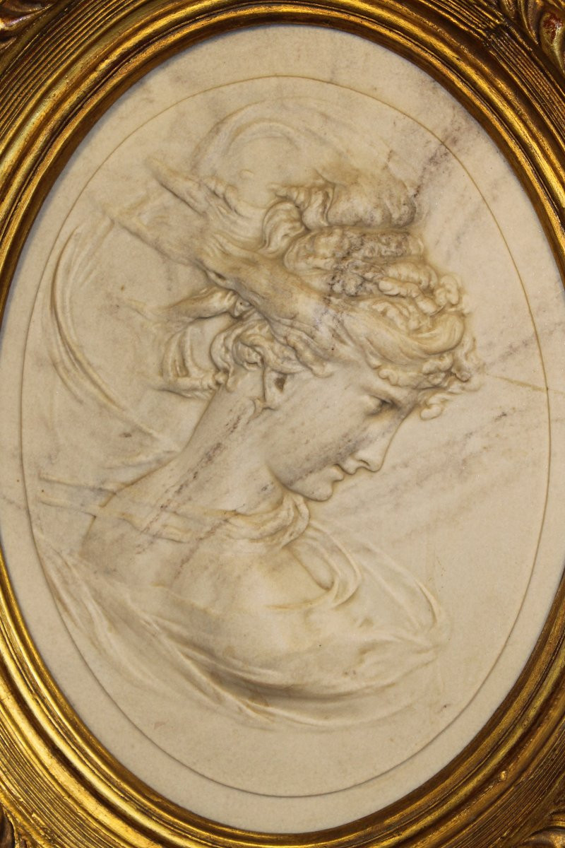 Pair Of Carved Marble Medallions With Profiles Of Women In Bas-relief By Louis Bottée, 1889 Exhibition-photo-1