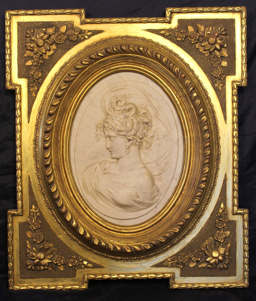 Pair Of Carved Marble Medallions With Profiles Of Women In Bas-relief By Louis Bottée, 1889 Exhibition-photo-2