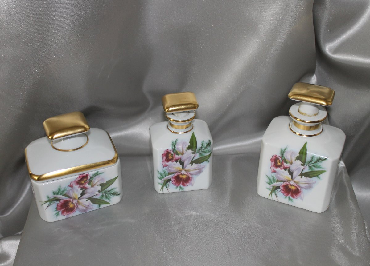 Limoges Porcelain Toilet Set With Iris Decoration Signed By René Caire, 1950s-photo-2