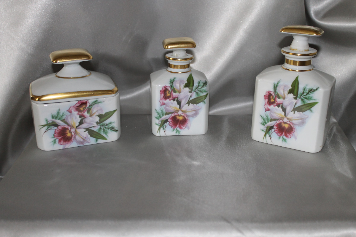 Limoges Porcelain Toilet Set With Iris Decoration Signed By René Caire, 1950s