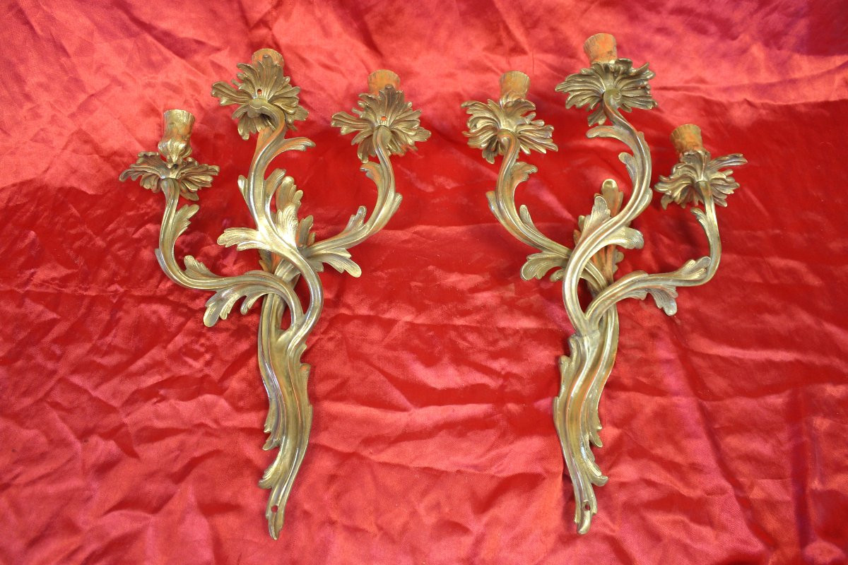 Pair Of Louis XV Style Bronze 3-light Wall Lights, Early 20th Century Height: 46 Cm-photo-2