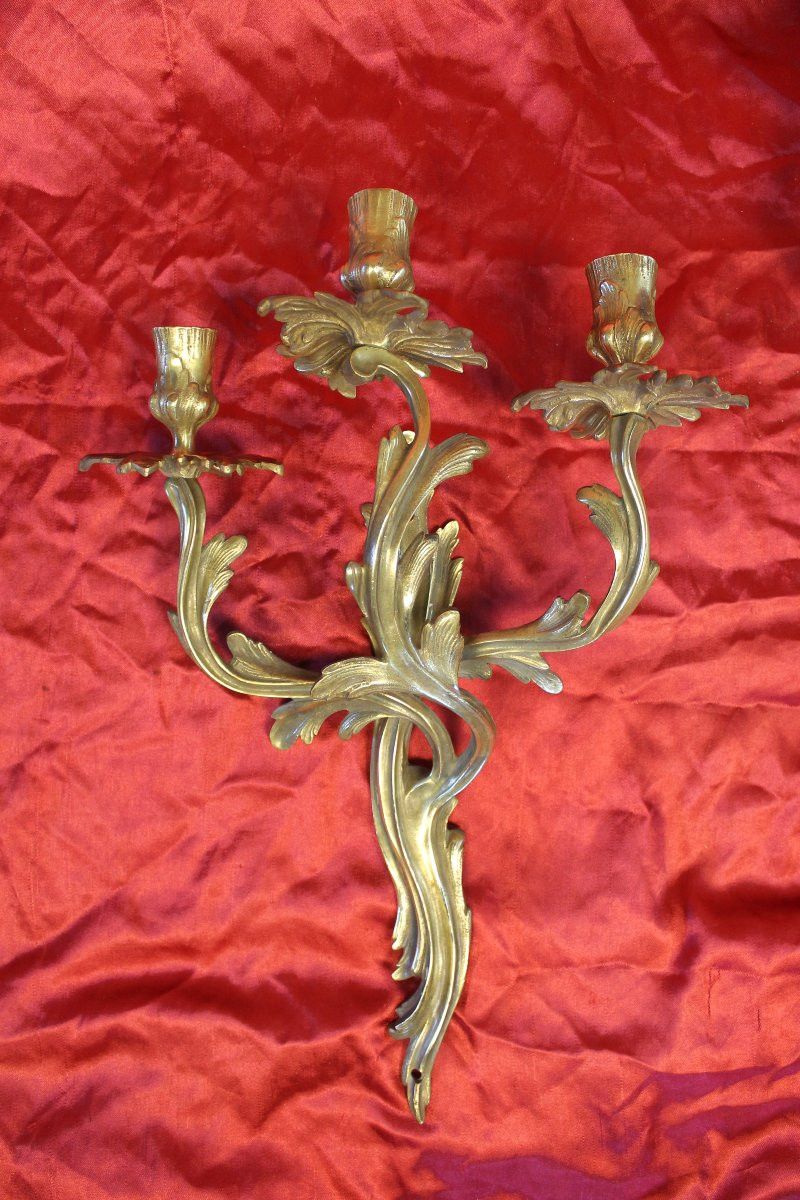 Pair Of Louis XV Style Bronze 3-light Wall Lights, Early 20th Century Height: 46 Cm-photo-4