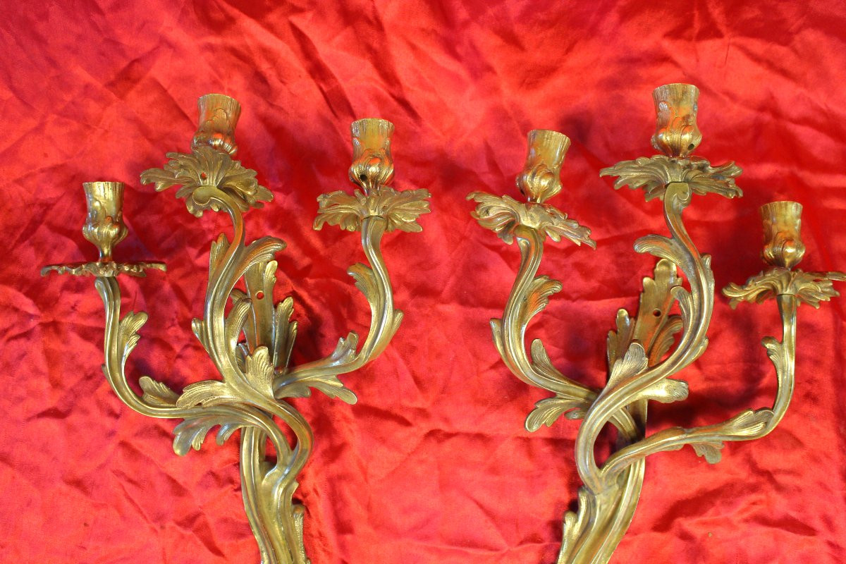 Pair Of Louis XV Style Bronze 3-light Wall Lights, Early 20th Century Height: 46 Cm-photo-7