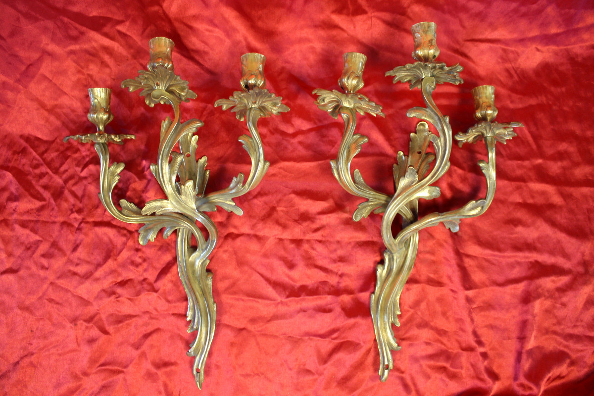 Pair Of Louis XV Style Bronze 3-light Wall Lights, Early 20th Century Height: 46 Cm