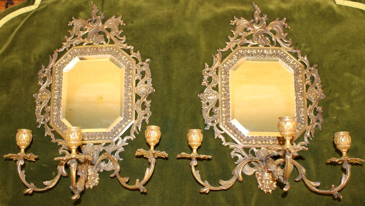 Paire d'appliques en bronze à 3 bras de lumière et miroir style Louis XV époque 19ème-photo-2