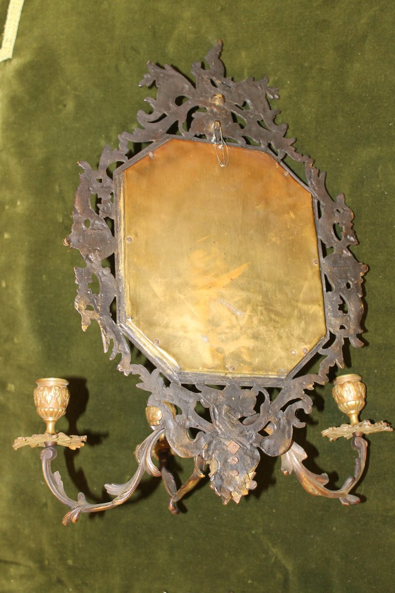 Paire d'appliques en bronze à 3 bras de lumière et miroir style Louis XV époque 19ème-photo-4